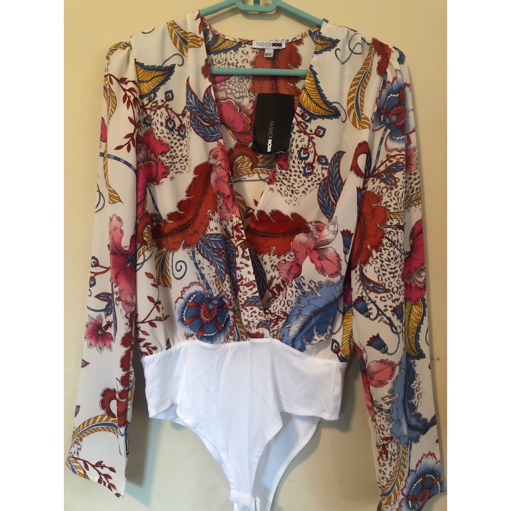 Fashion Nova Womens Floral Long Sleeve Surplice V-Neck Bodysuit White Red Blue M